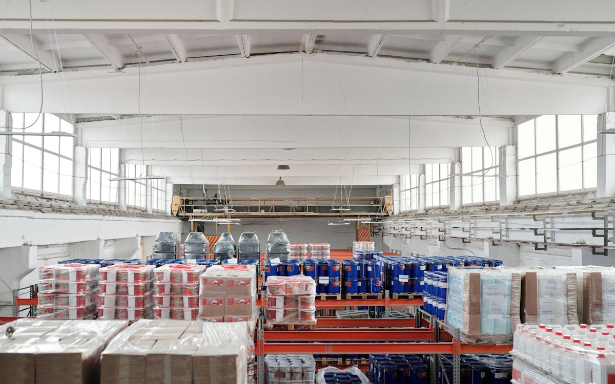 Organised pallets and shelving in a warehouse