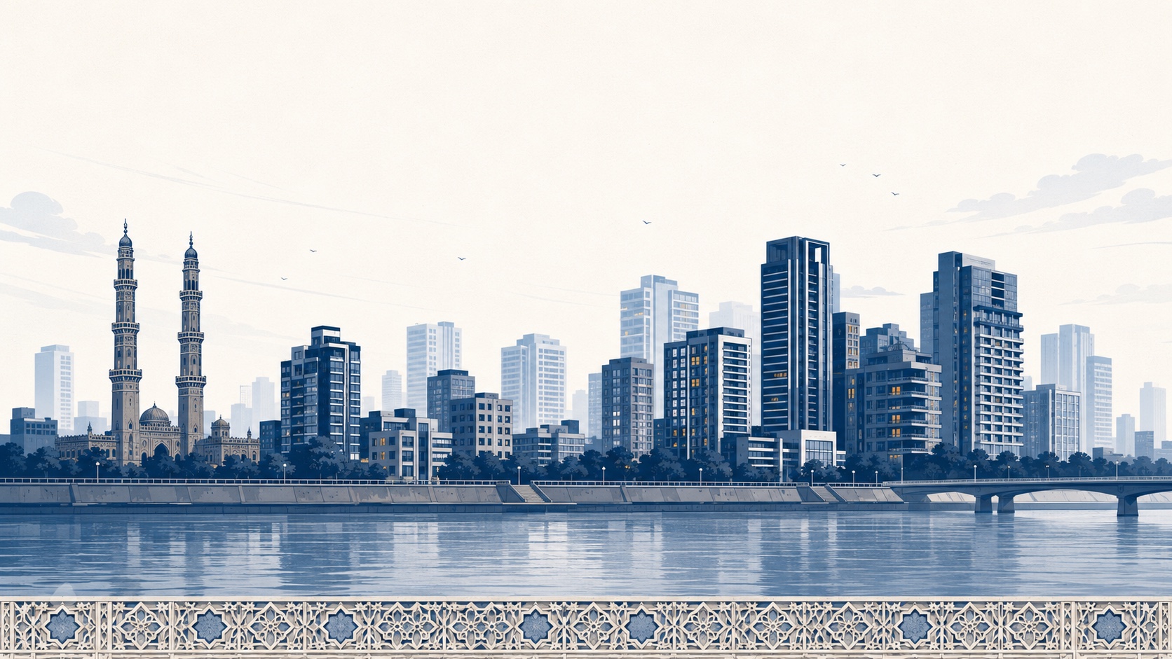 Illustrated Ahmedabad riverfront skyline with heritage minarets and modern towers