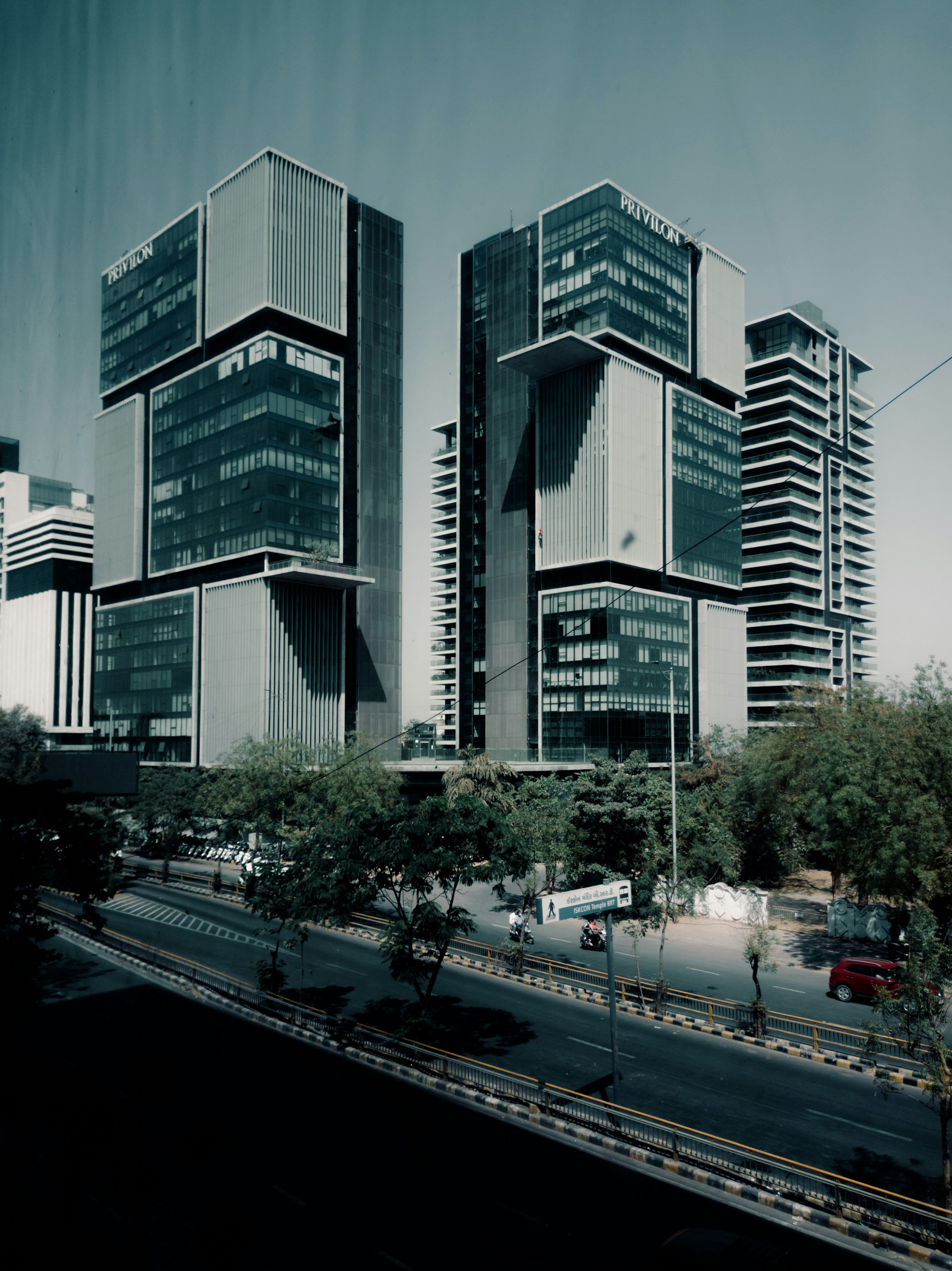 Ahmedabad skyline with modern towers on SG Highway