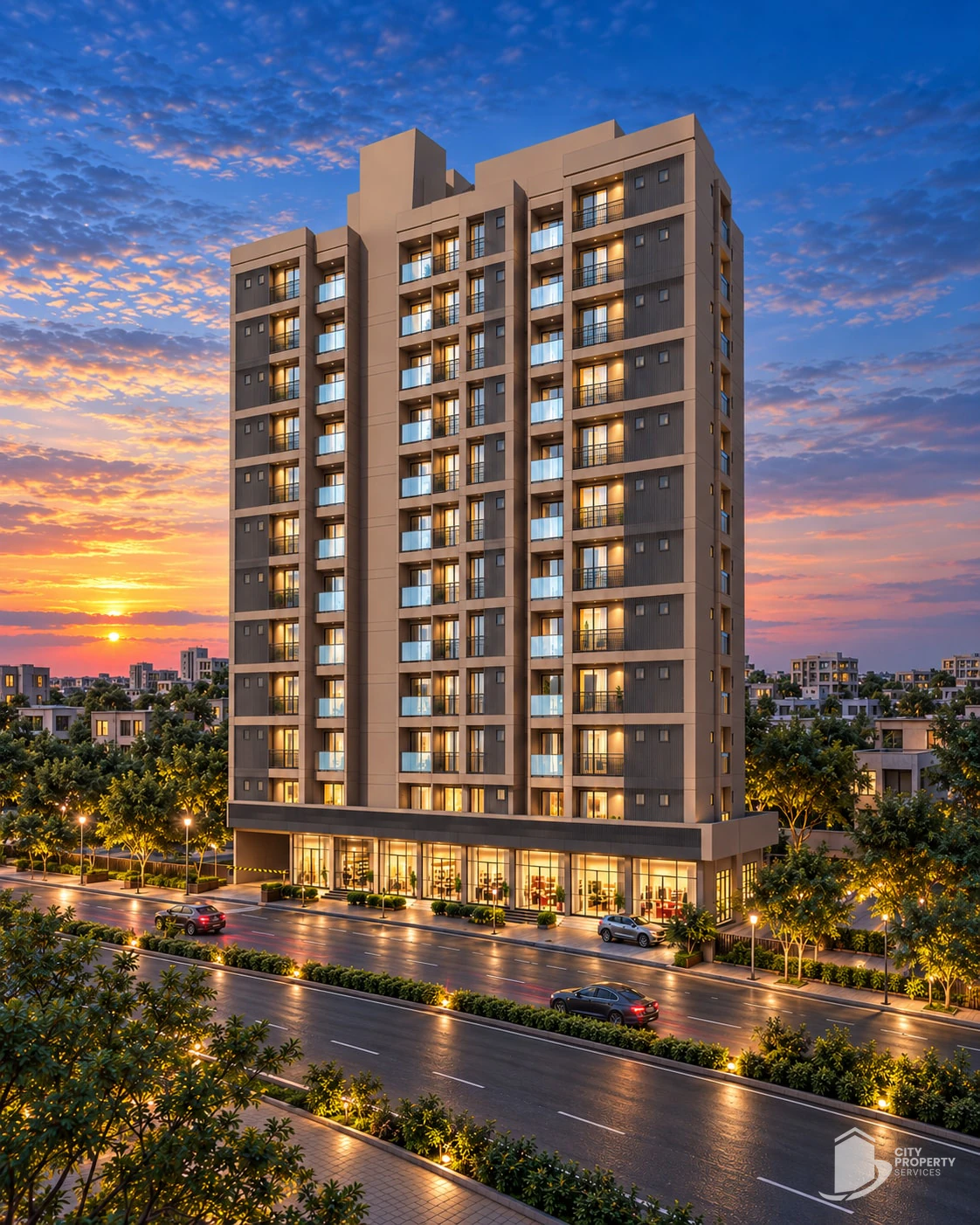 Shreekar Aspire, Bhadaj, night view | City Property Services