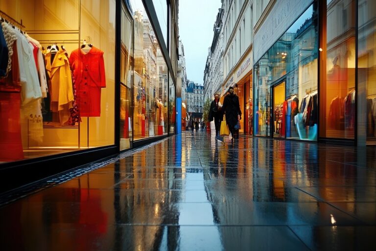 A rainy day in Paris shows a street lined with high end stores, their displays reflecting on the wet pavement. Two people walk under umbrellas with shopping bags, adding to the urban atmosphere.