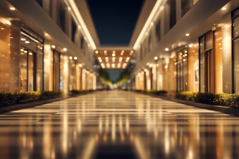 Night view of a modern shopping street, showcasing illuminated storefronts and a reflective paved walkway, representing upscale retail and urban lifestyle