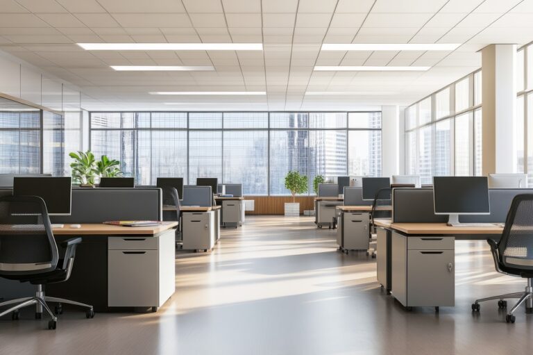 A blurred background of an empty, contemporary office space sets scene for a professional environment with clean lines and modern design